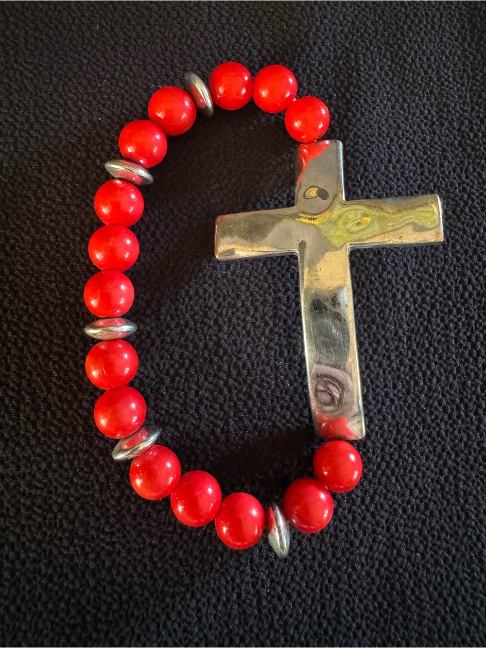 Silver Tone Cross Red Beaded Stretch Bracelet